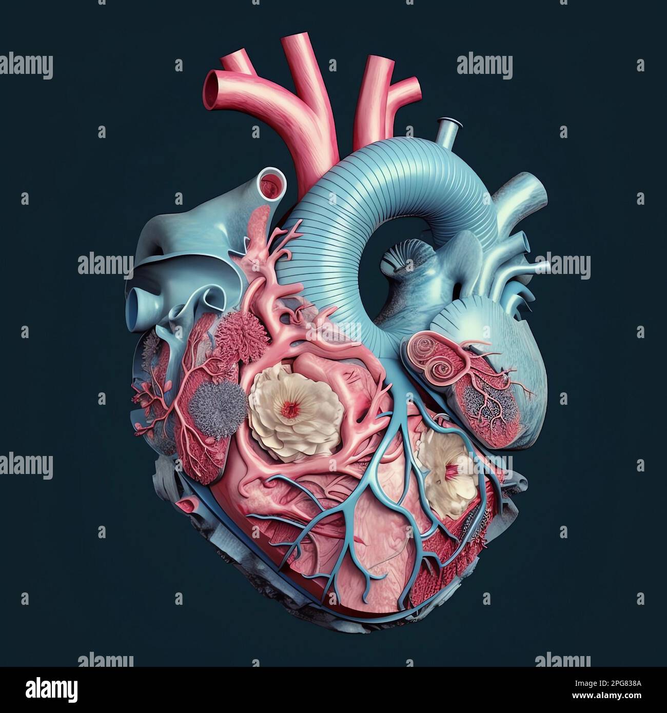 Human cardiac anatomy decorated with flowers and leaves. Concept and