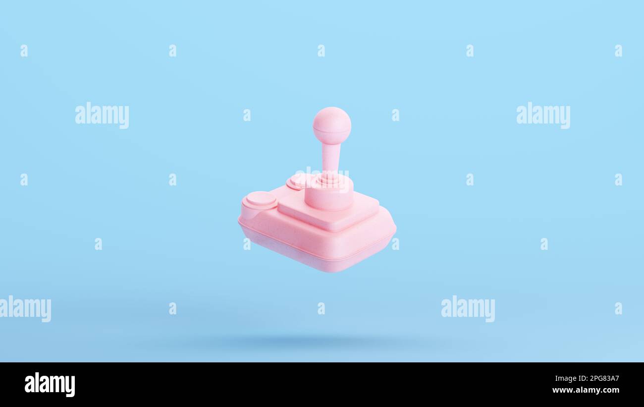 Pink Joystick Controller Retro Gaming Device Peripheral Kitsch Blue Background 3d illustration render digital rendering Stock Photo