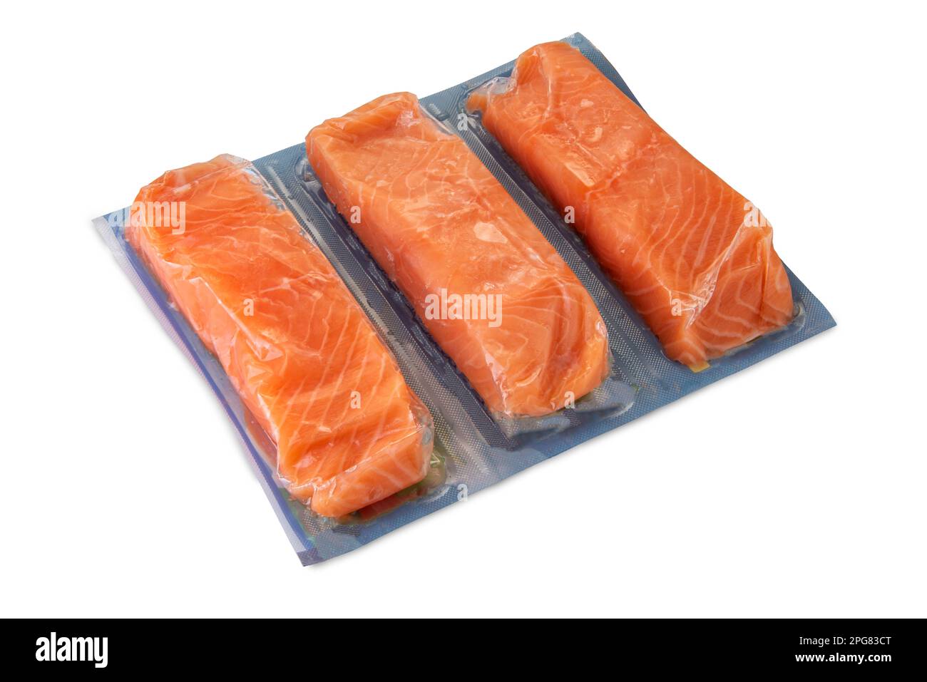 Salmon slices in vacuum packed sealed for sous vide cooking isolated on