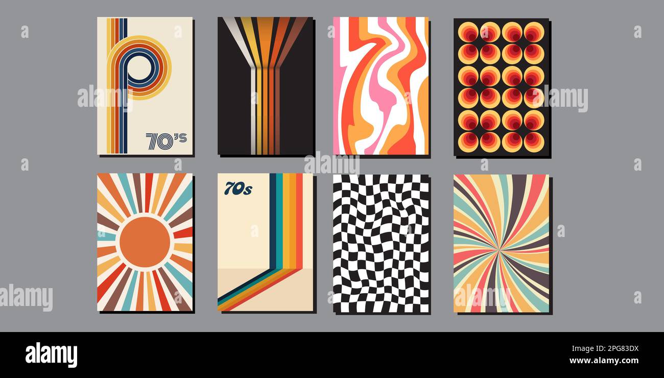 70's poster collection. Set of artworks in hippie, funky, psychedelic and vintage style. Seventies vibes backgrounds. Templates for magazines, flyers, Stock Vector