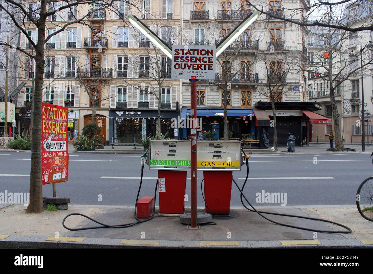 Vintage and retro Petrol Station here located on the Boulevard du Temple situated in the 11th arrondissement of Paris France. Stock Photo