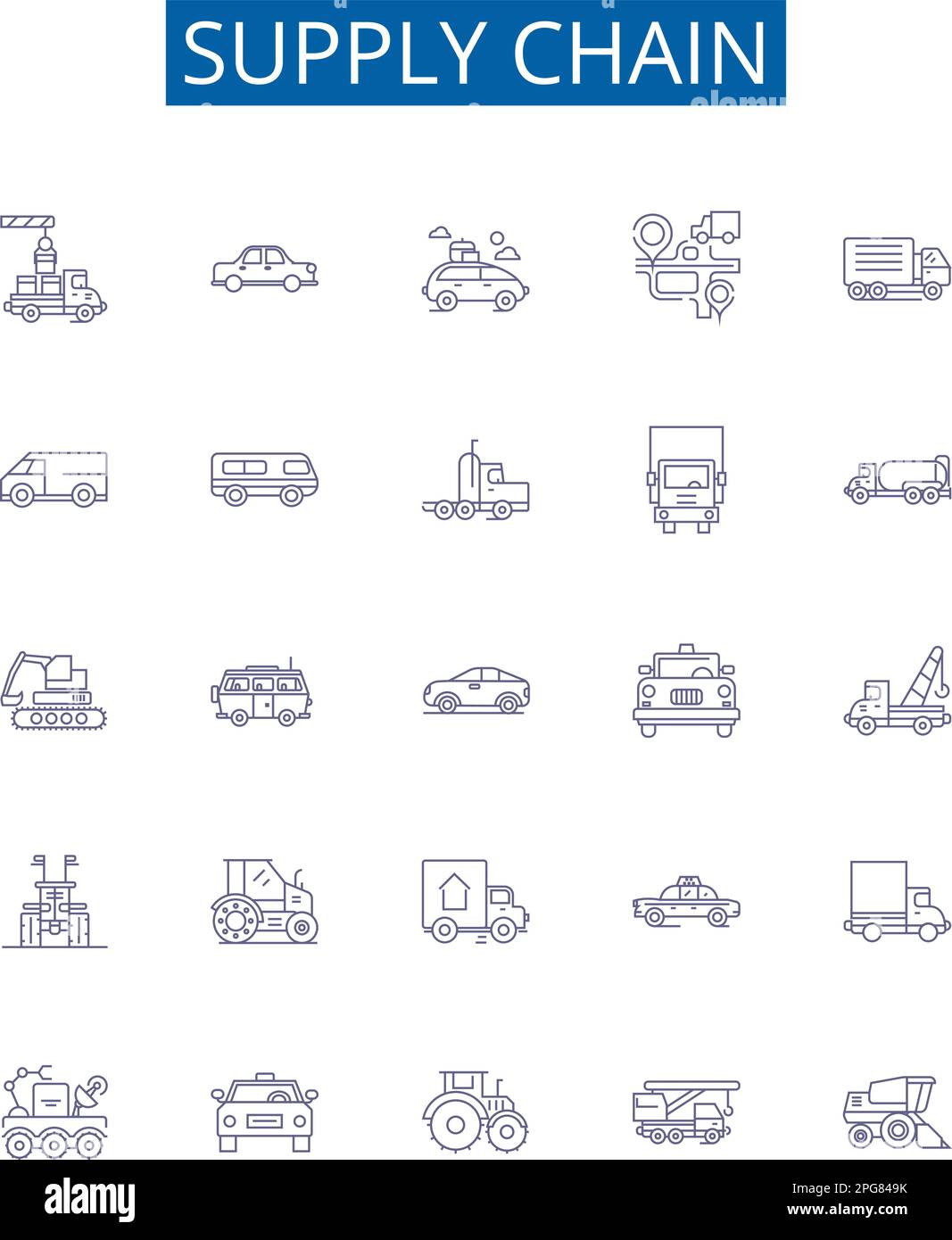 Supply chain line icons signs set. Design collection of Logistics, Supply, Distribution, Procurement, Flow, Management, Manufacturing, Delivery Stock Vector