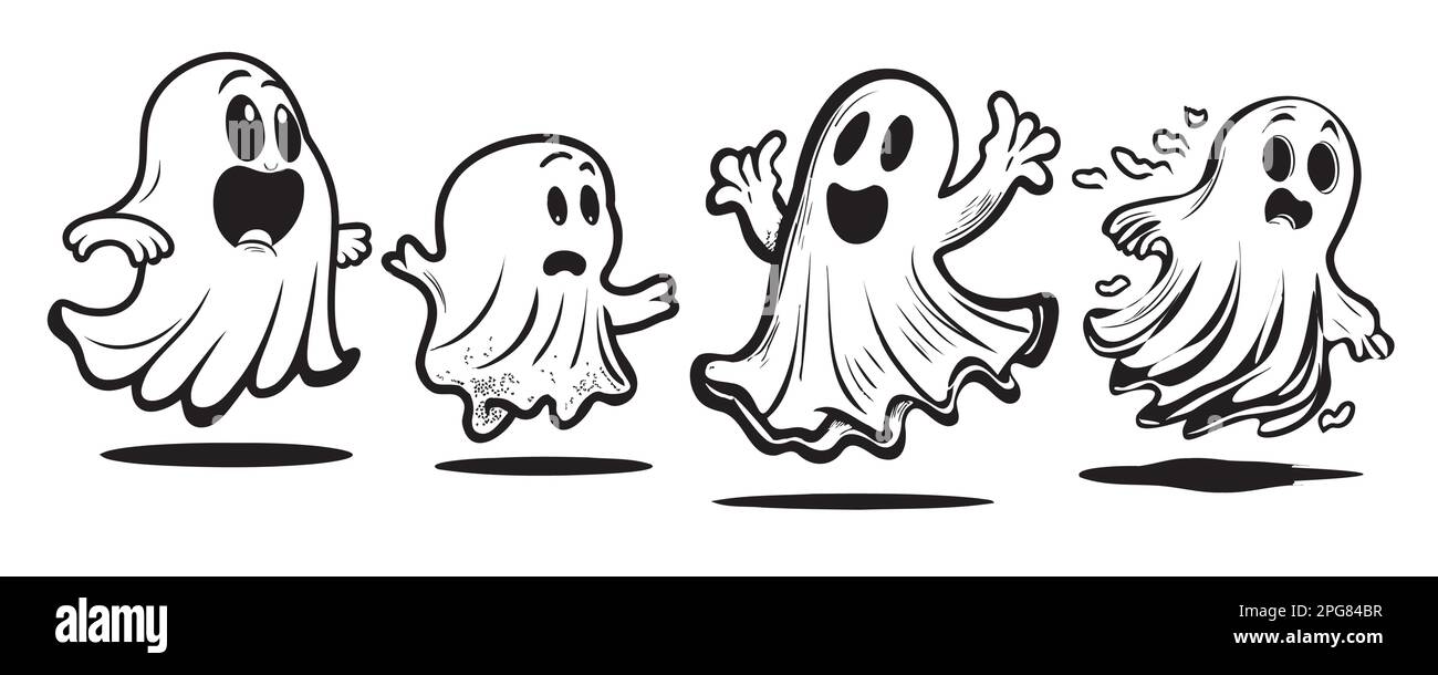 Set of ghosts cartoon hand drawn sketch Halloween illustration Stock