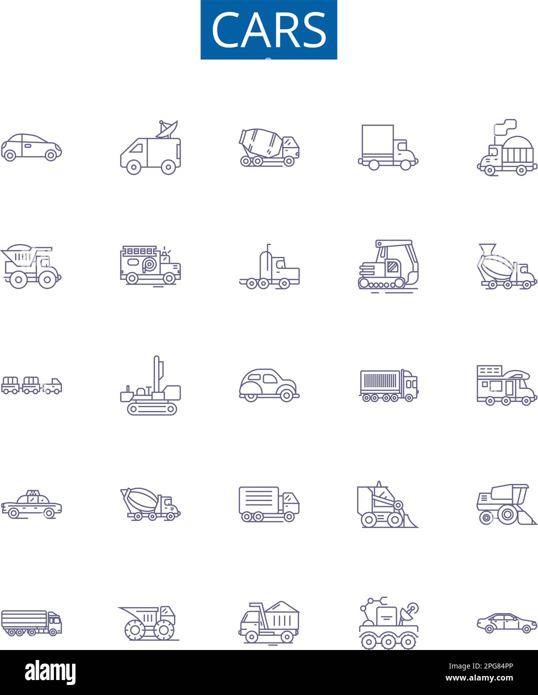 Cars line icons signs set. Design collection of Automobile, Sedan, SUV, Crossover, Hatchback, Convertible, Coupe, Hybrid outline concept vector Stock Vector