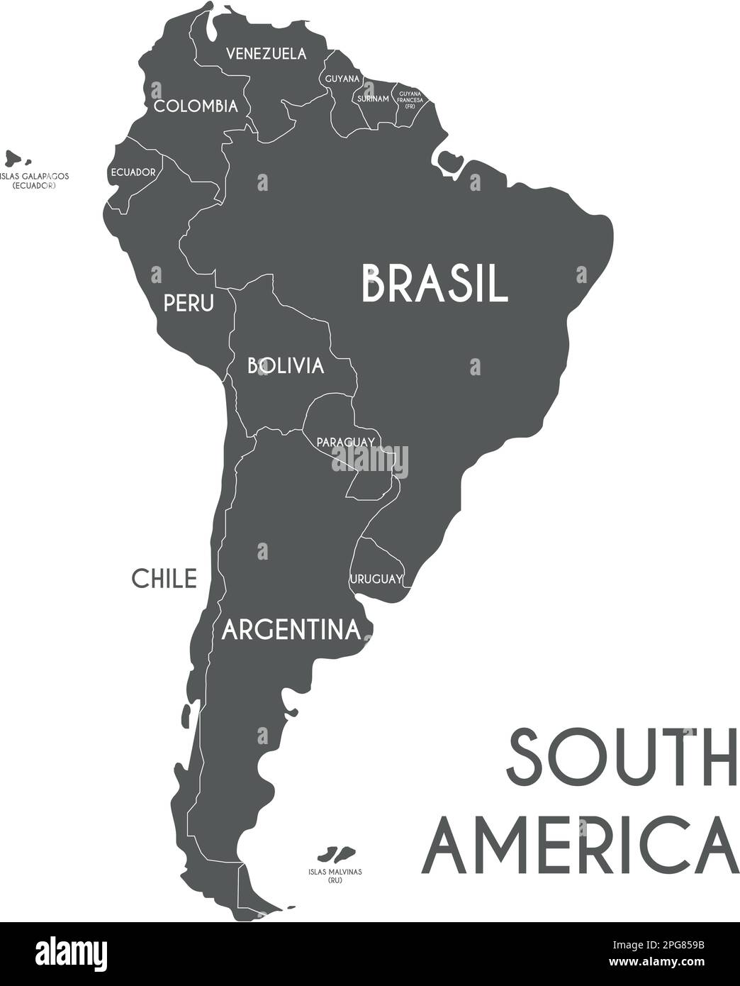 Political South America Map vector illustration isolated on white background with country names in spanish. Editable and clearly labeled layers. Stock Vector
