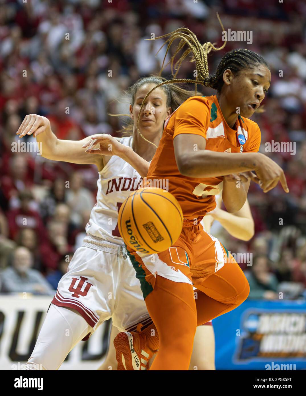 Bloomington, United States. 21st Mar, 2023. Miami Hurricanes guard Jasmyne Roberts (R) plays against Indiana University during the second round NCAA womenís basketball tournament game at Simon Skjodt Assembly Hall. The Hoosiers lost to the Hurricanes 70-68. (Photo by Jeremy Hogan/SOPA Images/Sipa USA) Credit: Sipa USA/Alamy Live News Stock Photo