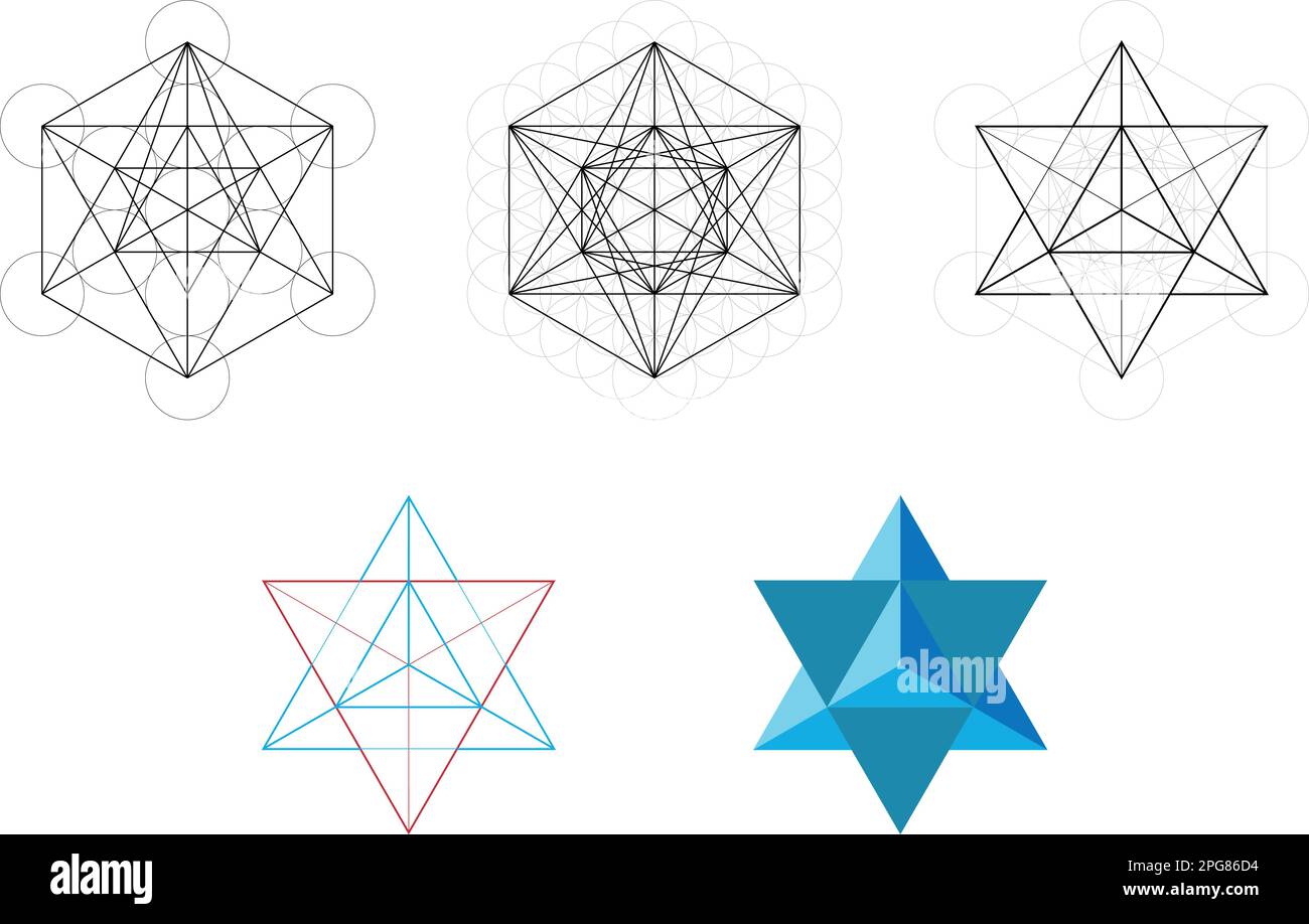 Set of geometrical elements and shapes. Sacred Geometry Davids Star development from Metatrons Cube. Vector designs Stock Vector