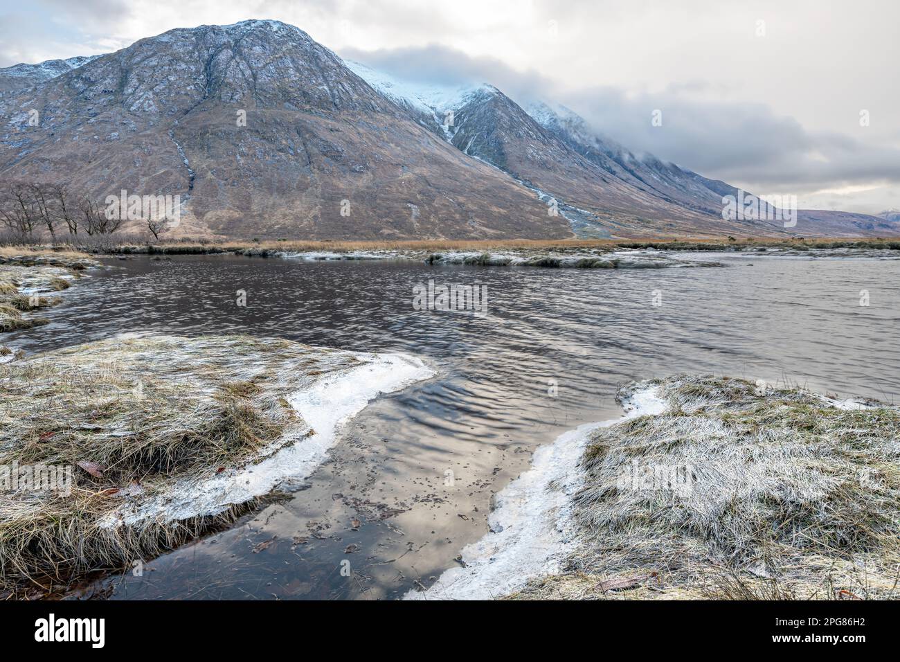 The meeting point of River Etive and the Loch Etive on a frosty morning in the Highlands, Scotland Stock Photo