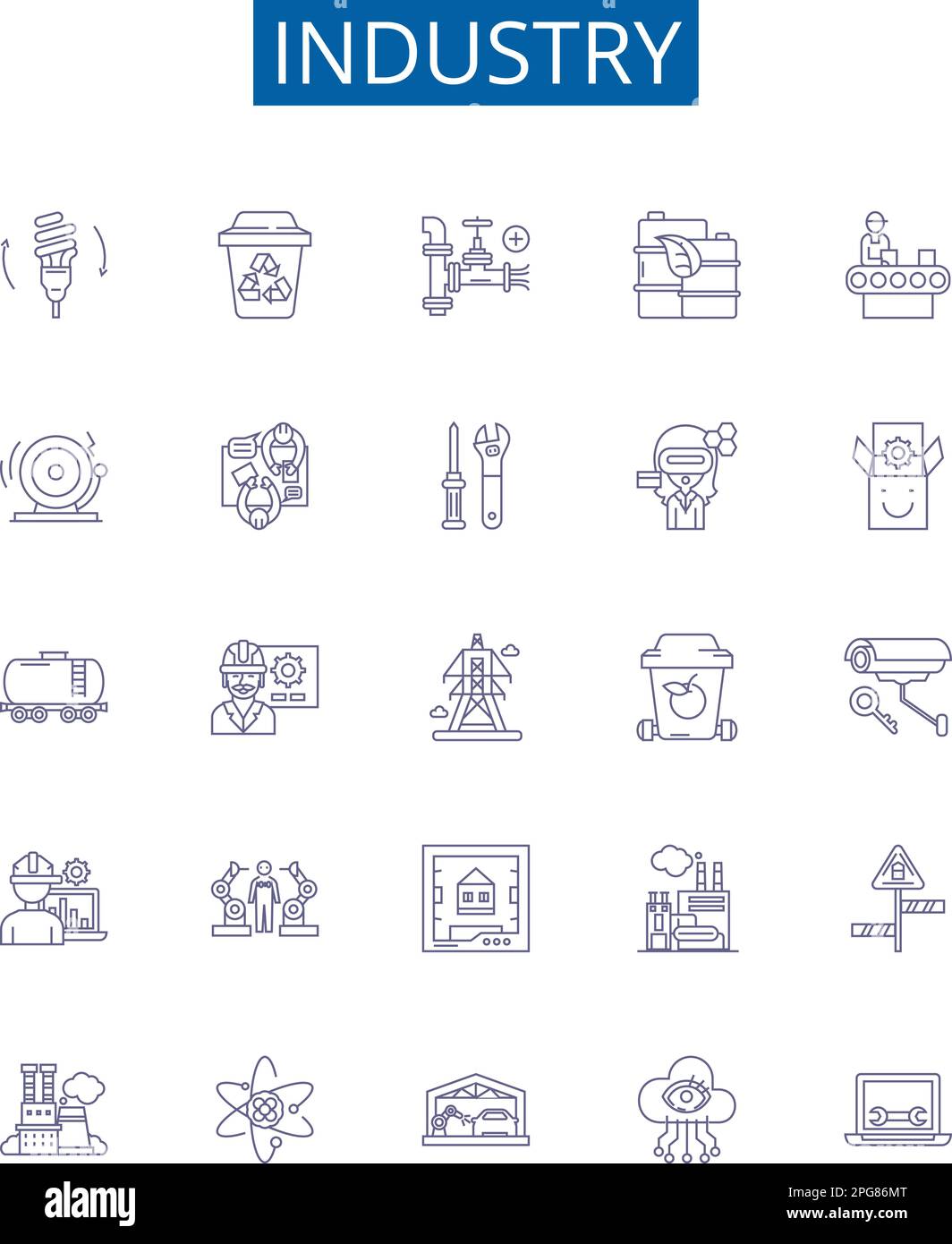 Industry line icons signs set. Design collection of Manufacturing, Technology, Production, Business, Equipment, Automotive, Retail, Services outline Stock Vector