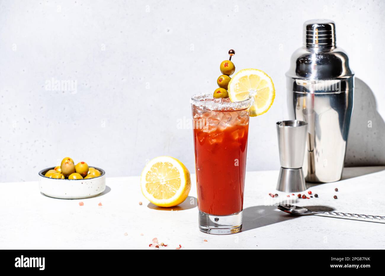 Bloody Mary alcoholic cocktail drink with tomato juice, vodka, lemon