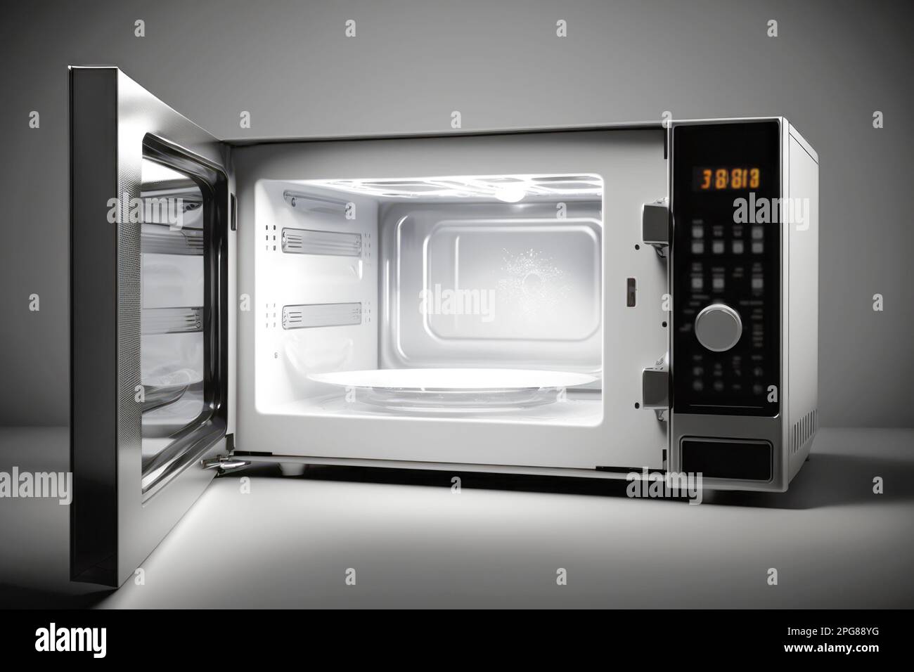 Opened empty microwave oven, studio or kitchen shot. AI generative