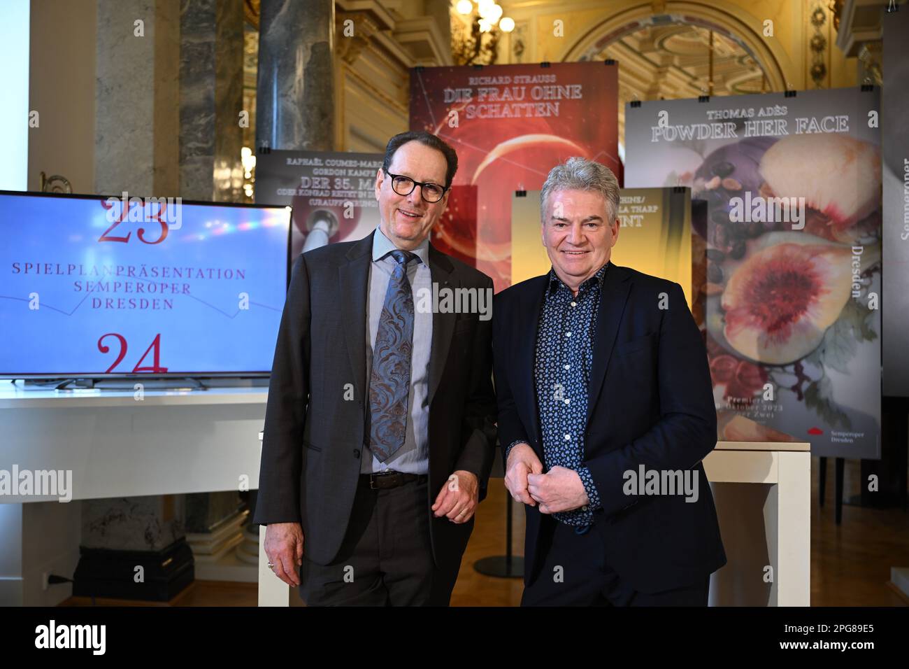 Dresden, Germany. 21st Mar, 2023. Peter Theiler (l), Artistic Director of the Saxon State Opera, and Wolfgang Rothe, Commercial Director of the Semper Opera, stand in the foyer of the opera house before the start of the Semper Opera's program presentation for the 2023/2024 season. Credit: Robert Michael/dpa/Alamy Live News Stock Photo