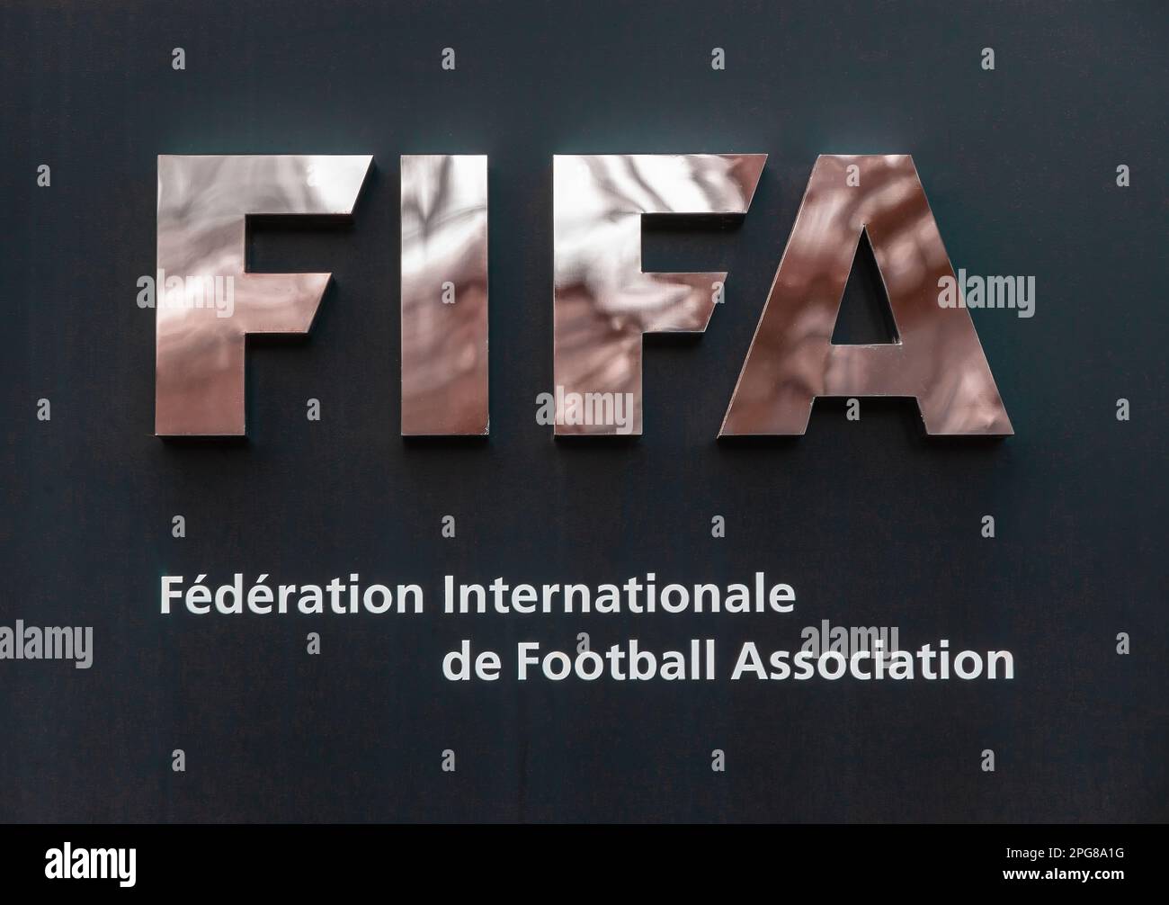 Zurich, Switzerland - February 22, 2023: FIFA is a non-profit organization and an international governing body of association football, futsal and bea Stock Photo