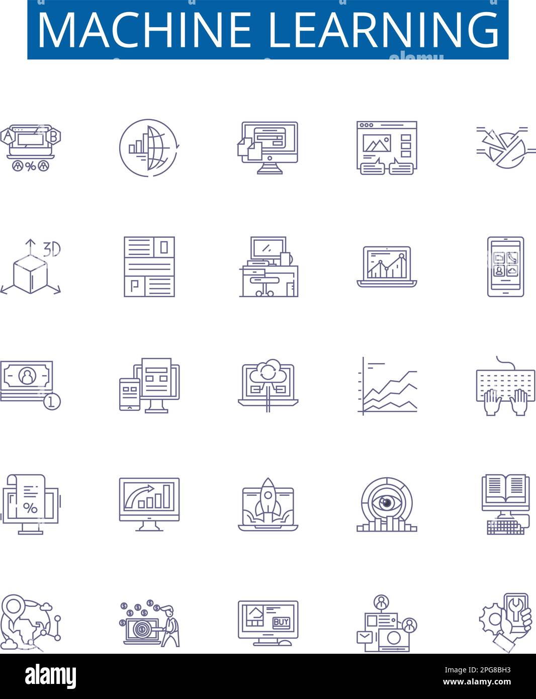 Machine learning line icons signs set. Design collection of Machine, Learning, Artificial, Intelligence, Neural, Networks, Algorithms, Predictive Stock Vector