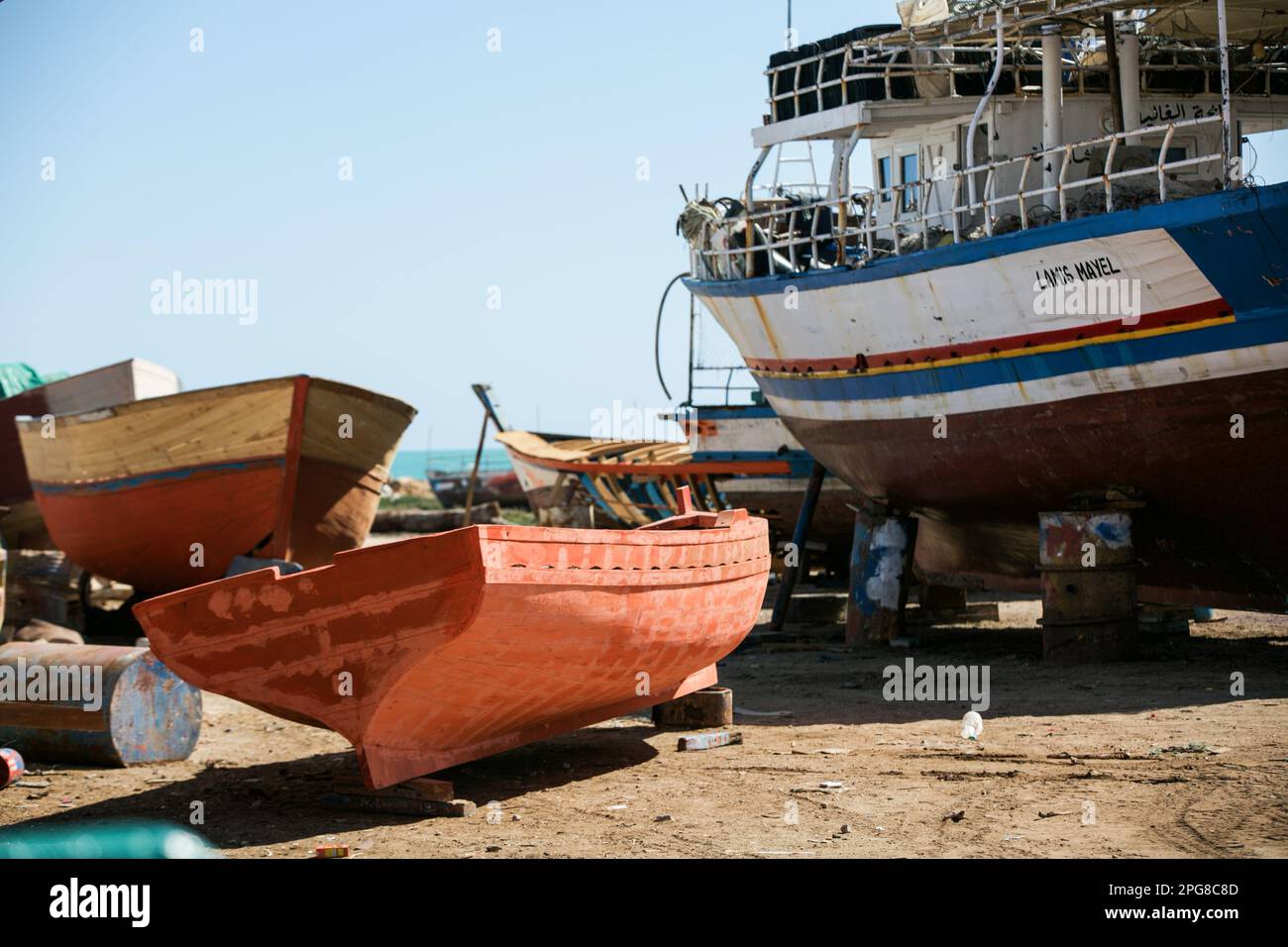 Final design of a newly developed small fishing boat on March 18, 2023, in  Zarzis, Mednine, Tunisia. The coastal town of Zarzis has a long-standing  tradition of manufacturing and repairing wood fishing