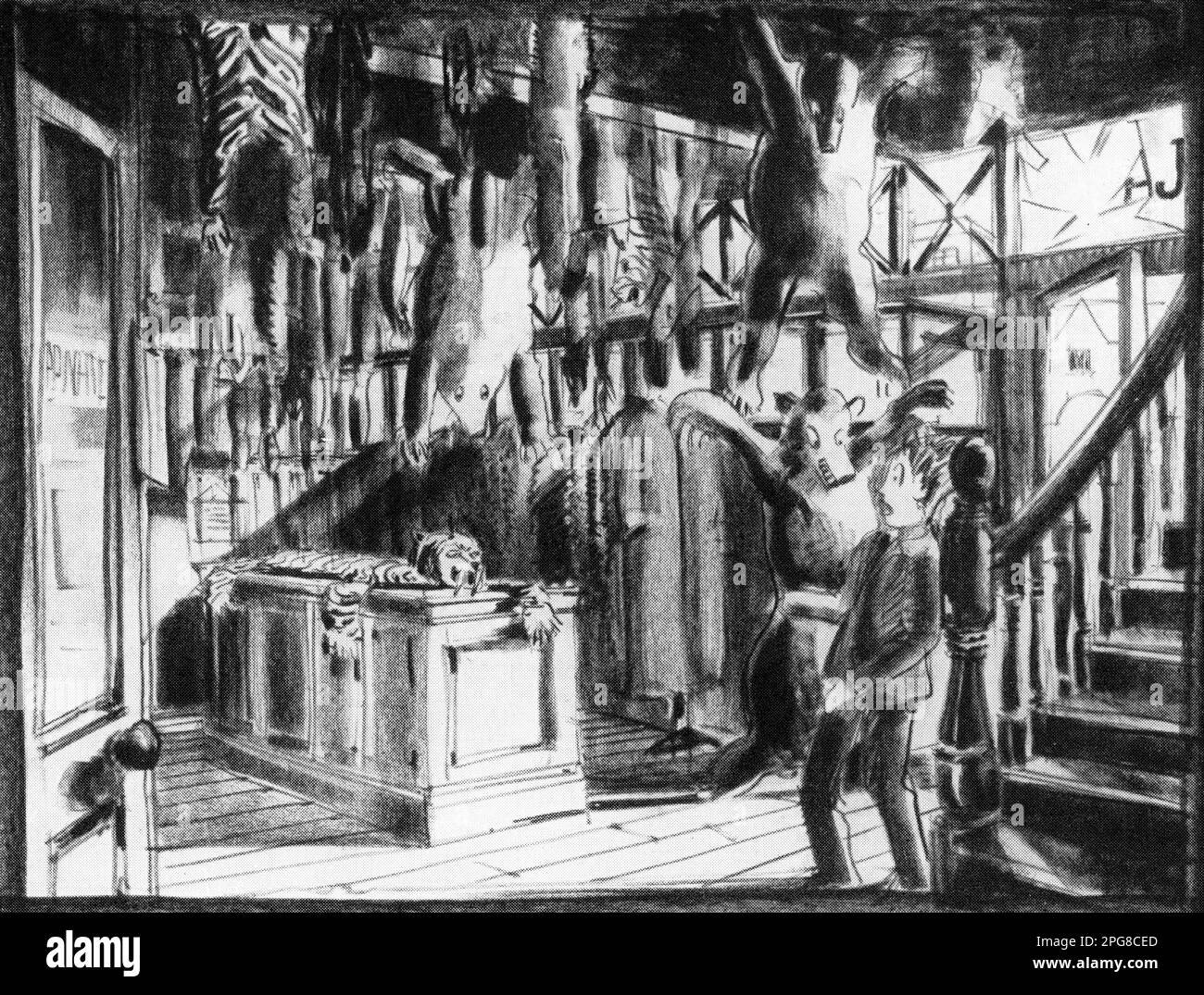 Concept Art / Set Design by Art Director NORMAN ARNOLD for the film ALASTAIR SIM JACK WARNER and HARRY FOWLER in HUE AND CRY 1947 director CHARLES CRIGHTON writer T.E.B. Clarke music Georges Auric producer Michael Balcon Ealing Sudios / General Film Distributors (GFD) Stock Photo