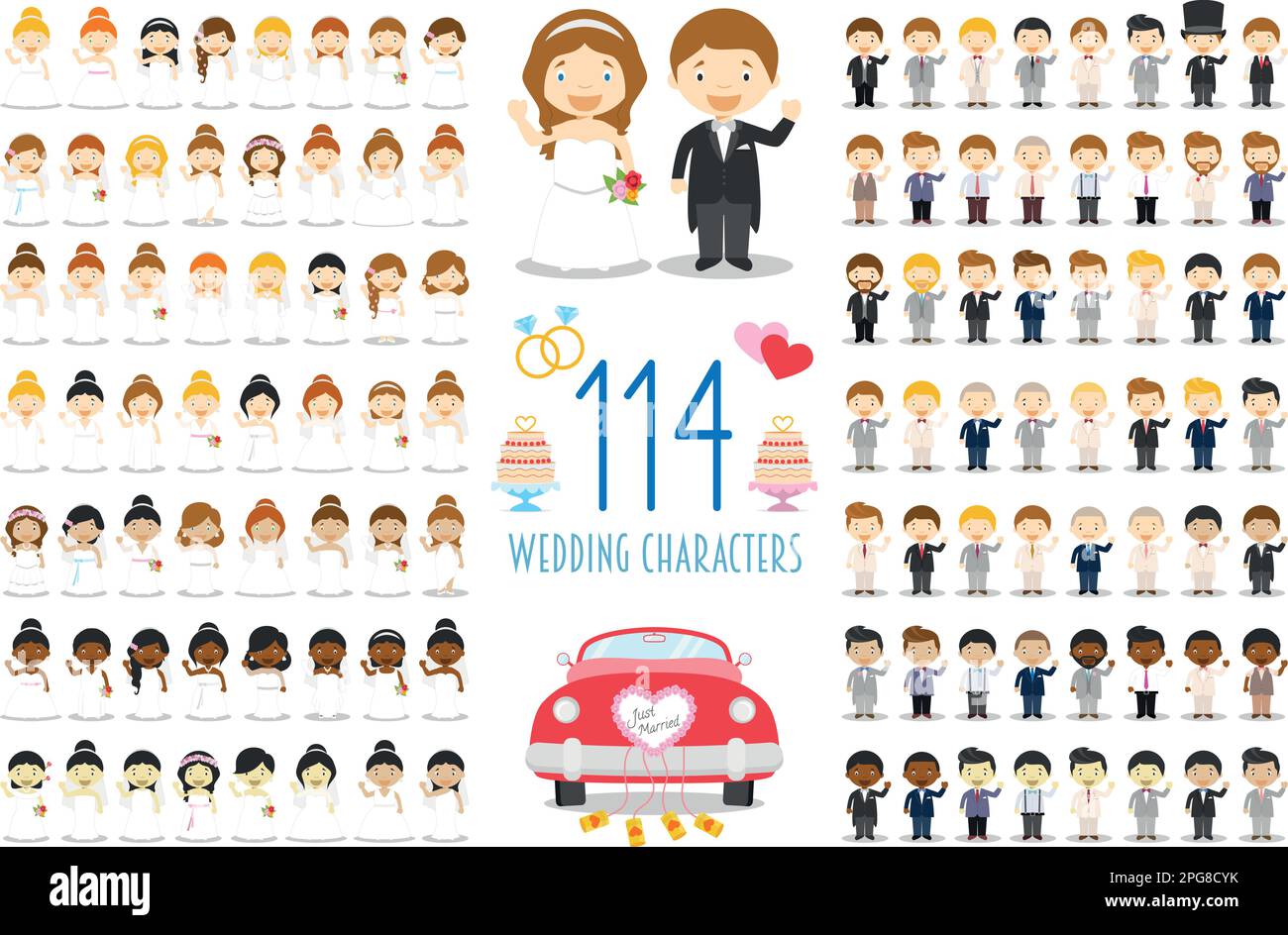 Set of 114 wedding characters and nuptial icons in cartoon style Stock Vector