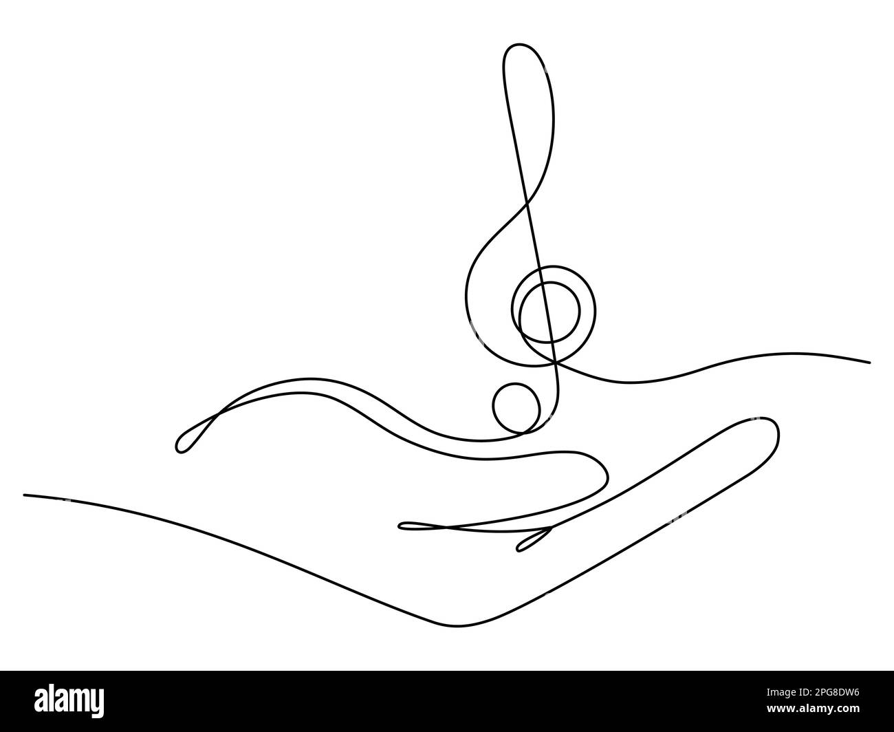 Hand holds music note continuous one line drawing. Treble clef linear