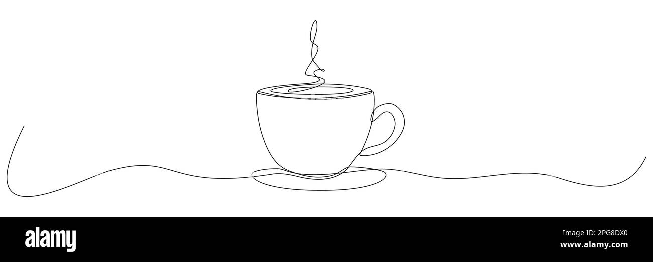 Cup continuous line art. Coffee or tea cup one line drawing. Hot drink with steam. Vector isolated on white. Stock Vector