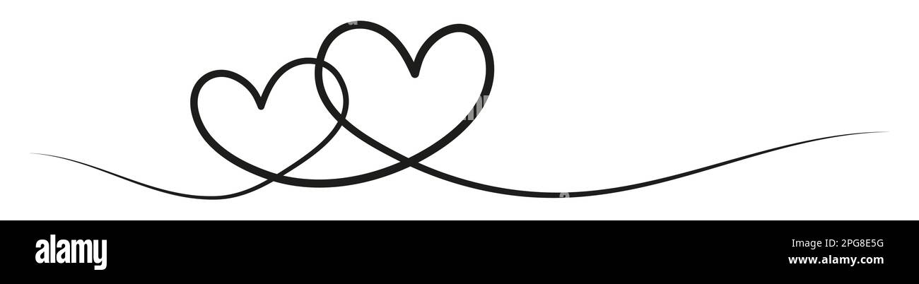 Two hearts continuous one line art. Double heart wavy sketch line. Vector hand drawn illustration isolated on white. Stock Vector