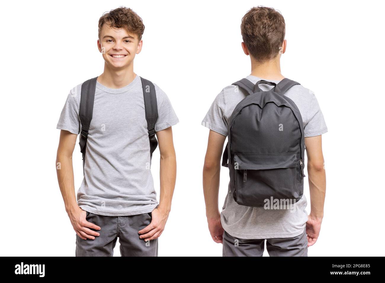 Student teen boy with backpack set view front and back. Smiling