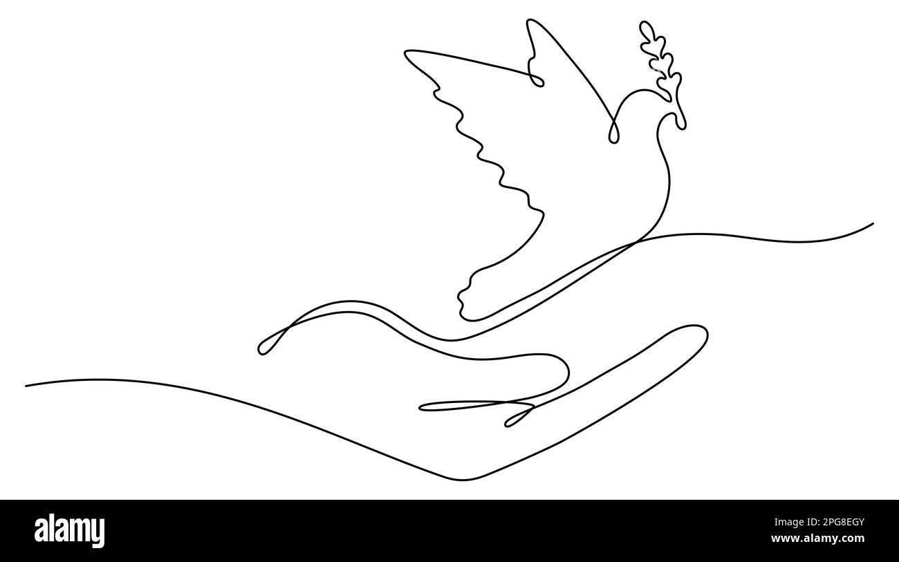 Continuous line drawing hand with flying dove with olive branch. Freedom linear bird symbol. Vector illustration isolated on white. Stock Vector