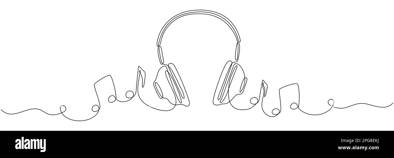 Headphones with music notes continuous one line drawing. Vector isolated on white. Stock Vector