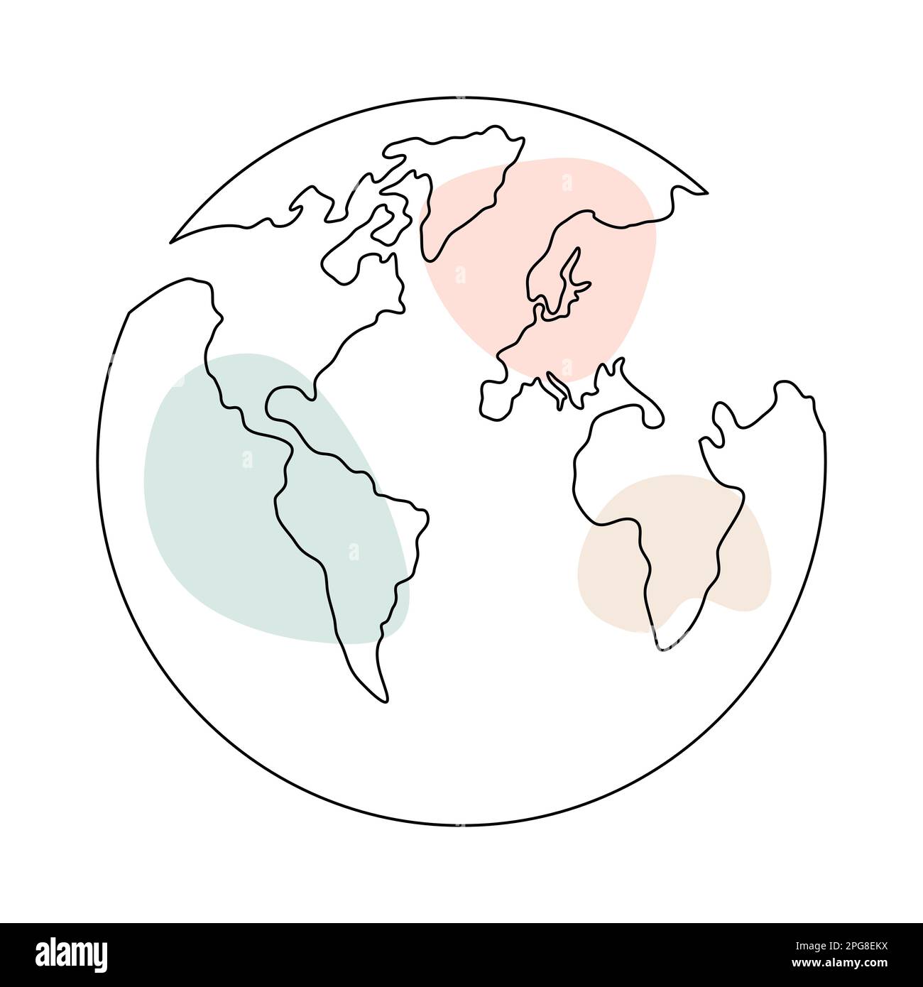 Earth globe continuous one line art. World map doodle linear drawing with pastel shapes. Vector illustration isolated on white background. Stock Vector