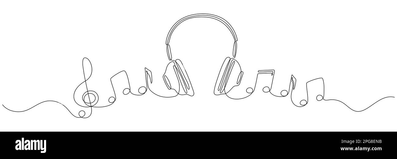Headphones with music notes continuous one line drawing. Vector isolated on white. Stock Vector