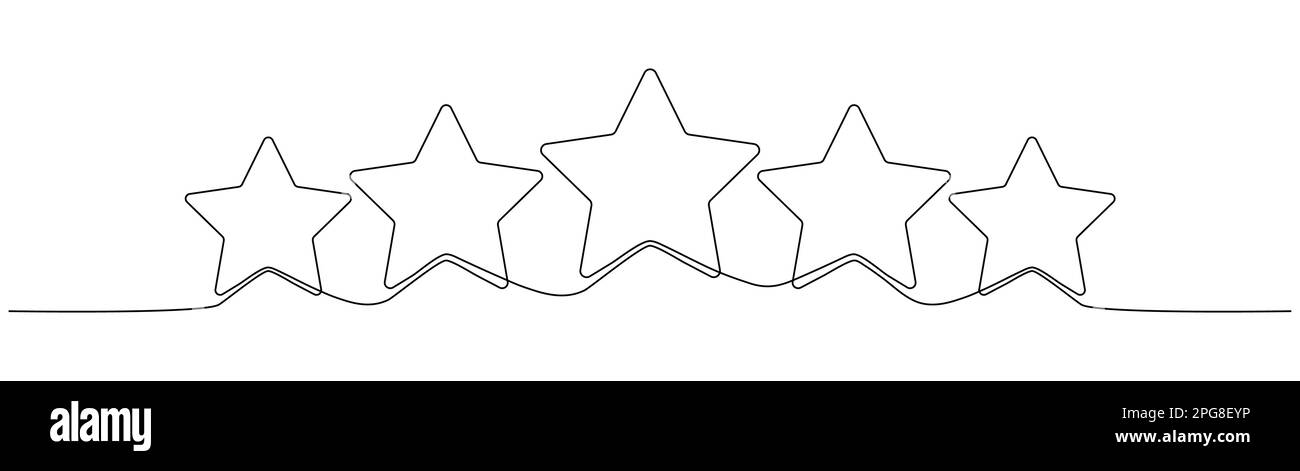 Five stars continuous line drawing. Rating review star linear symbol. Vector illustration isolated on white. Stock Vector