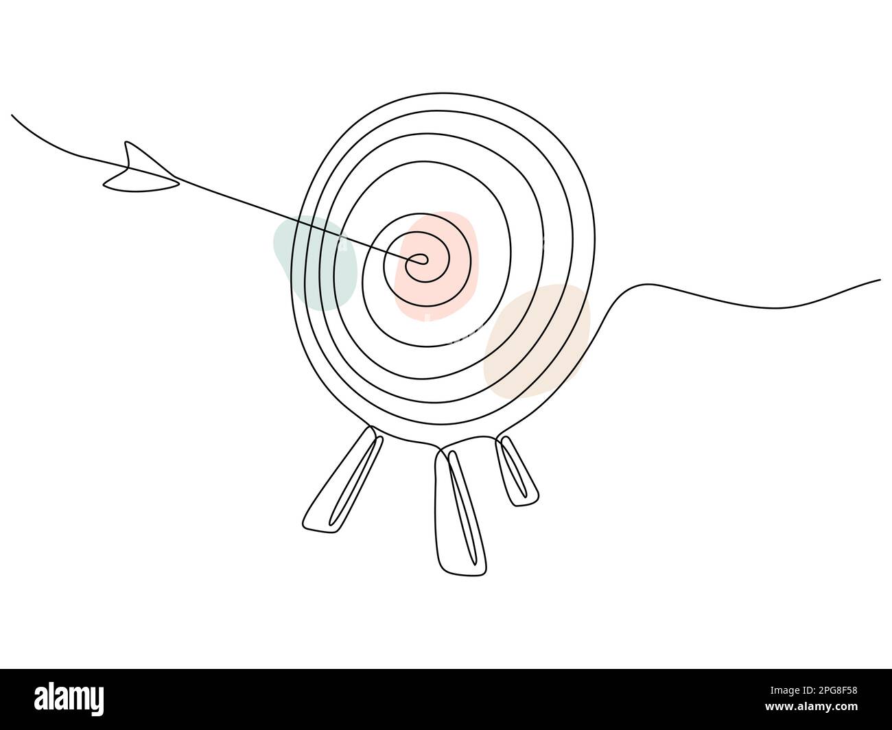 Target with arrow continuous line drawing. Hand drawn linear goal circle with pastel shapes. Vector illustration isolated on white. Stock Vector