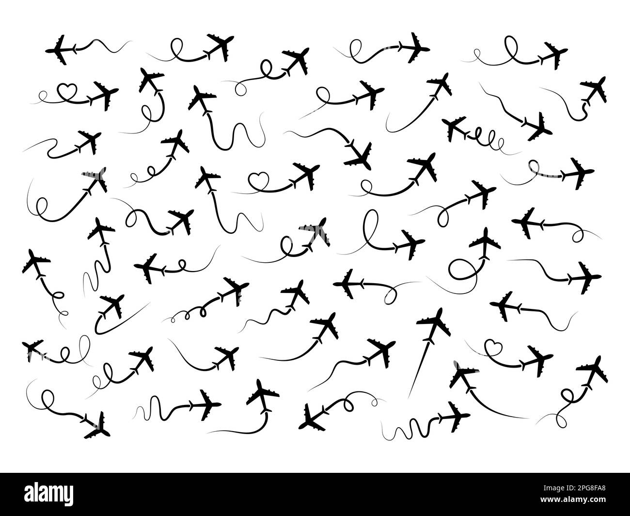 Airplane route in line path collection. Flying air plane set. Vector isolated on white. Stock Vector