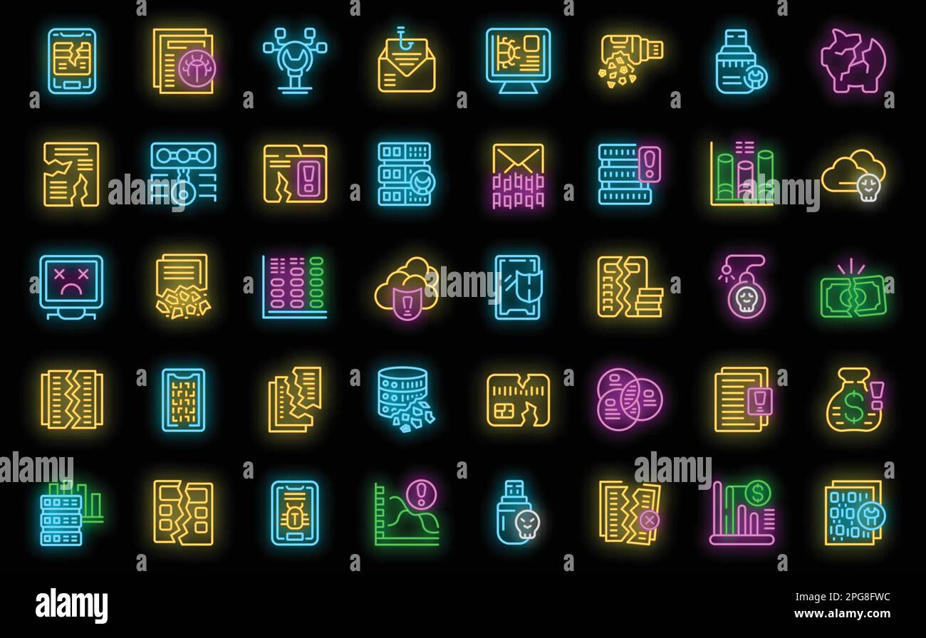 Data loss icons set outline vector. Cloud access. Key attack neon color on black Stock Vector
