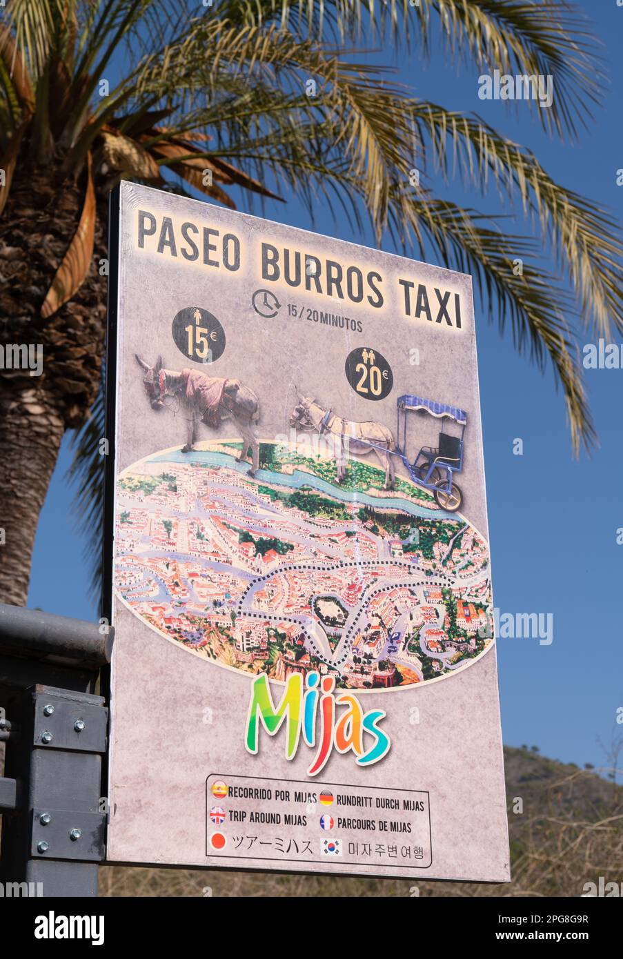 Donkey taxi sign Spanish white village of Mijas Pueblo, Spain Stock Photo