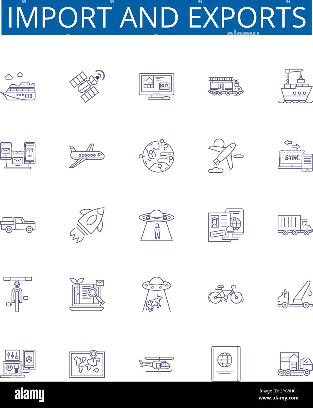 Import and exports line icons signs set. Design collection of import, export, trade, global, market, logistics, transportation, shipping outline Stock Vector