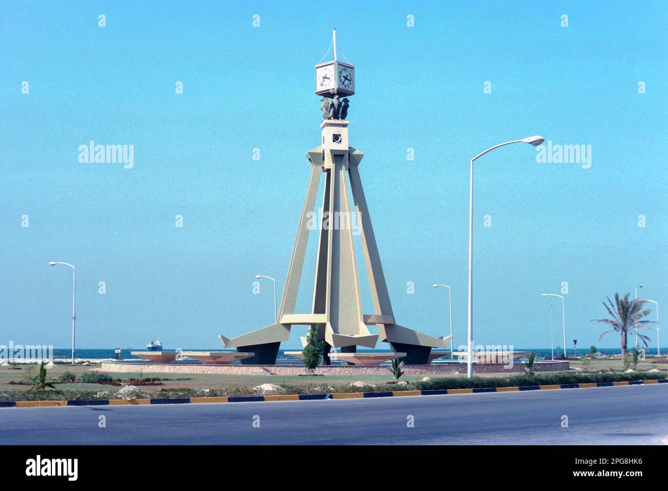 Abu Dhabi UAE 1976 Clock tower on roundabout at junction of the