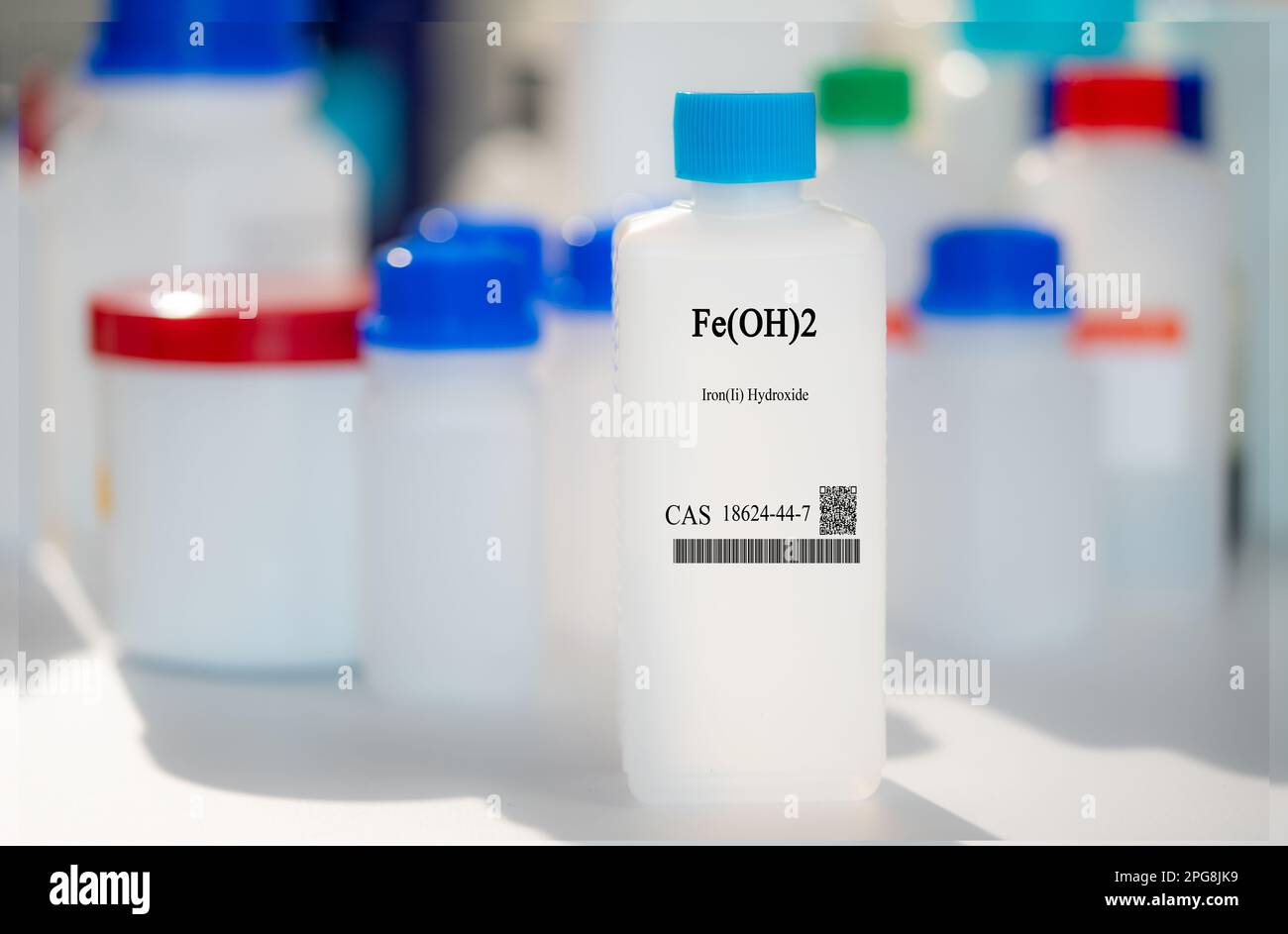Fe(OH)2 iron(II) hydroxide CAS 18624-44-7 chemical substance in white plastic laboratory packaging Stock Photo