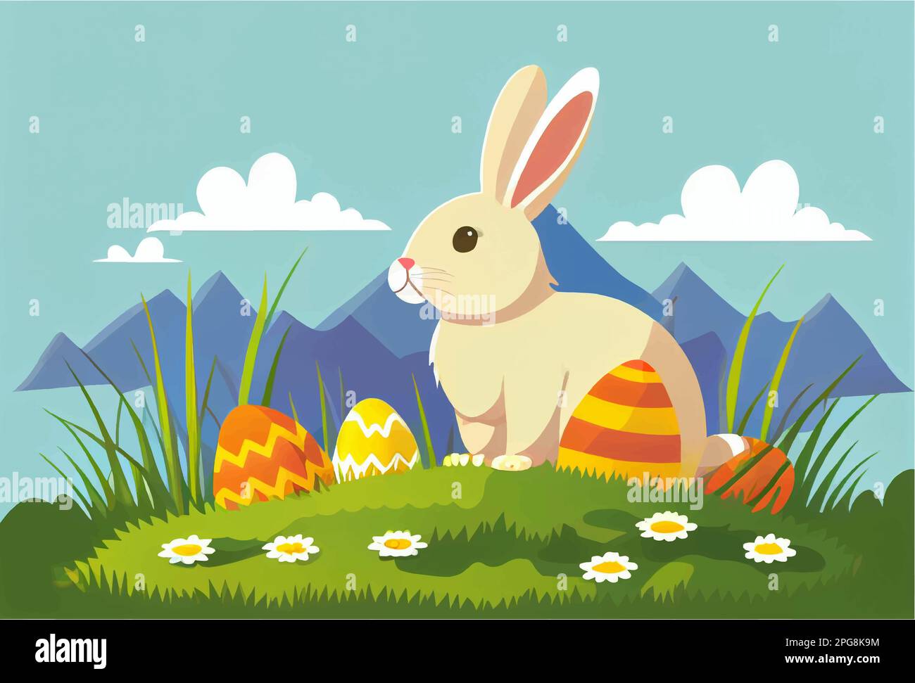 vector illustration of bunny with easter eggs in spring nature outdoors ...