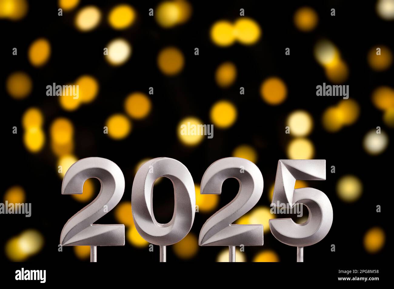 New year 2025 Silver number on black background with defocused lights
