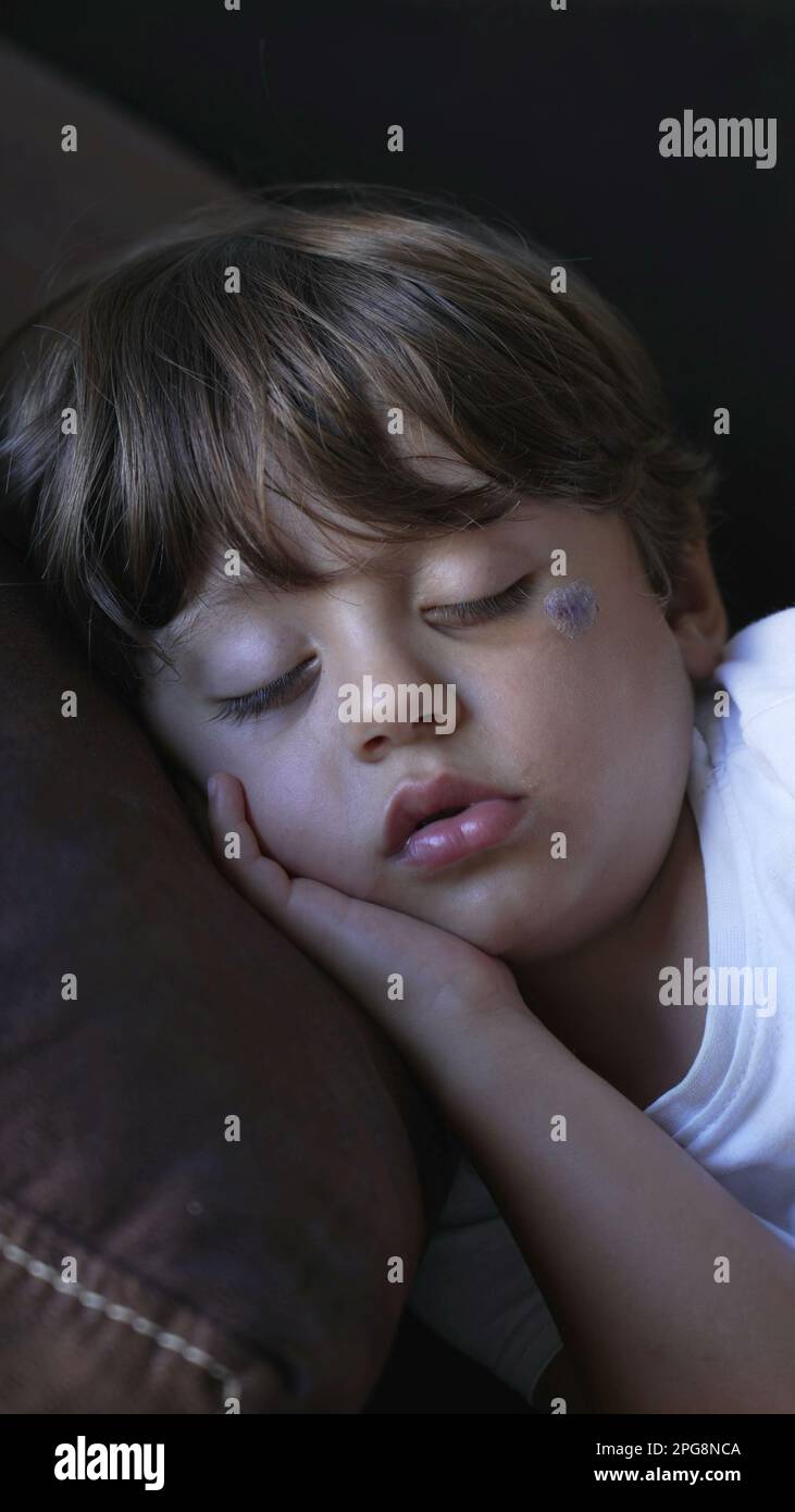 One little boy sleeping on couch. Child asleep napping on sofa portrait