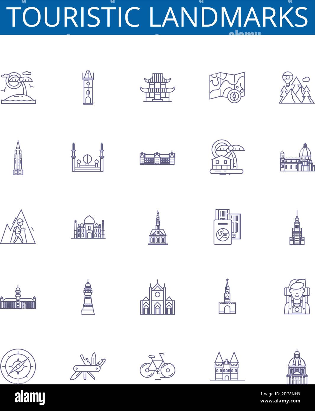 Touristic landmarks line icons signs set. Design collection of Tourist, Landmarks, Monuments, Palaces, Churches, Castles, Ruins, Statues outline Stock Vector