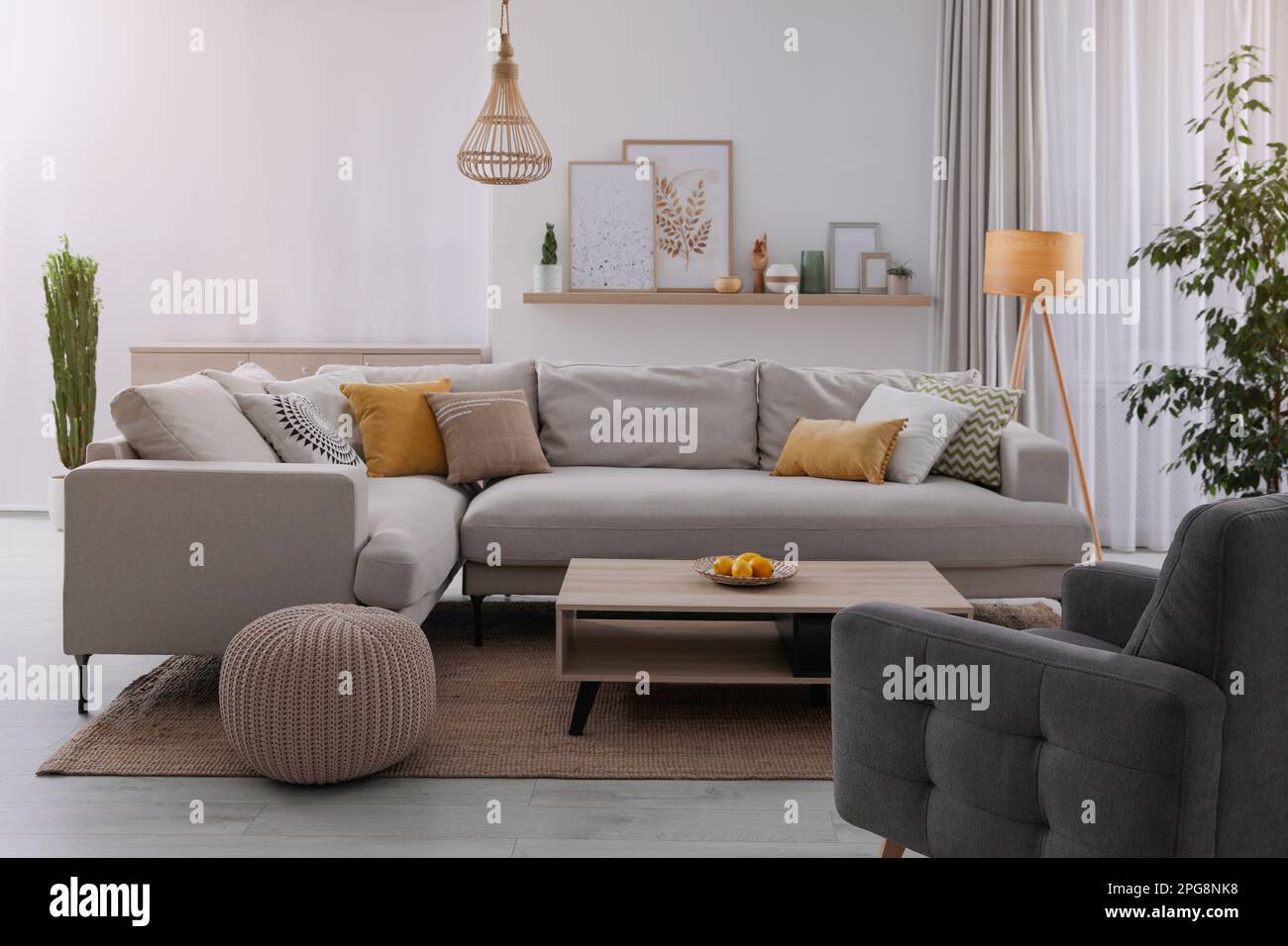 Stylish living room interior with comfortable grey sofa and coffee ...