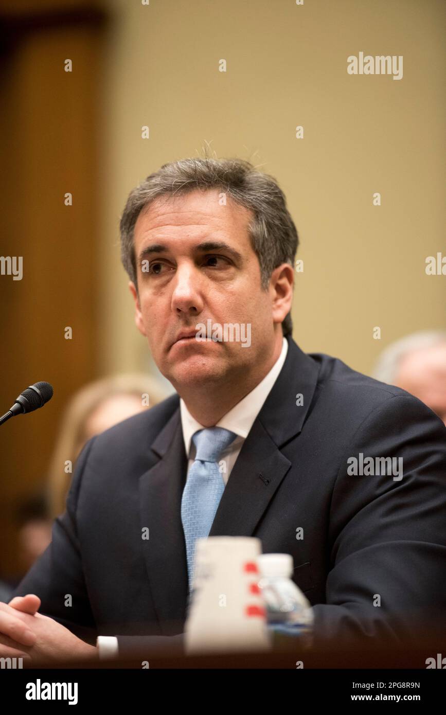 Washington DC, February 27, 2019, USA: Michael Cohen, President Donald J Trump's former personal lawyer, testifies at the House Oversight Committee at the US Capitol in Washington, DC. Cohen discussed  Trump's business practices and his dealings with the Trump Presidential campaign, including payoffs to women that Trump allegedly was involved with.  Patsy Lynch/MediaPunch Stock Photo