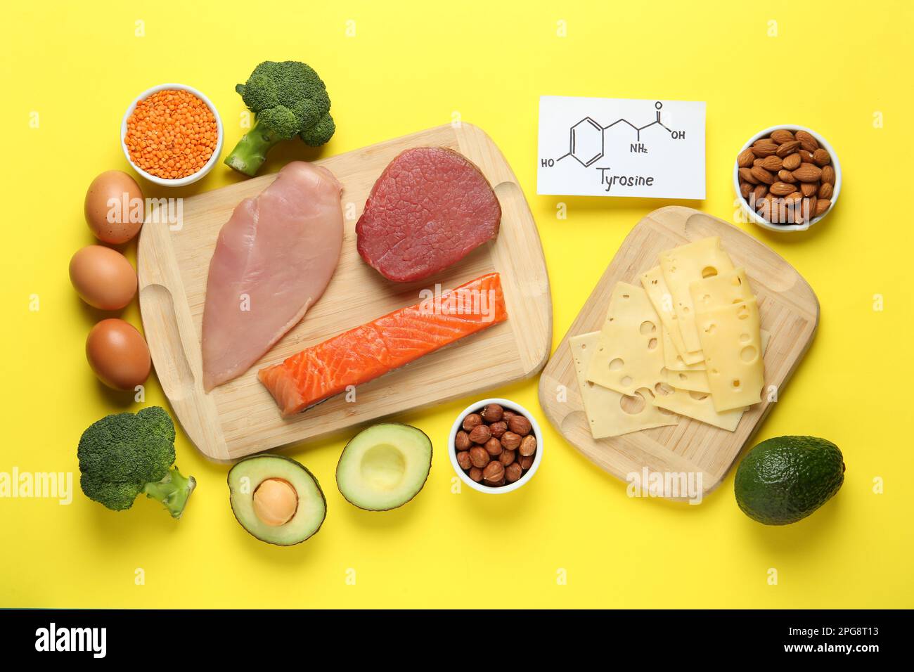 Different fresh products and paper with Tyrosine chemical formula on