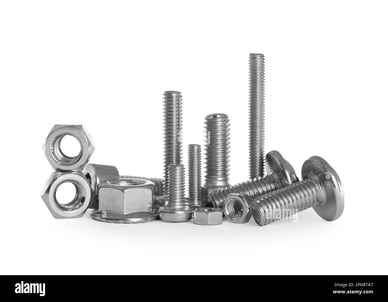 Different metal bolts and nuts on white background Stock Photo Alamy