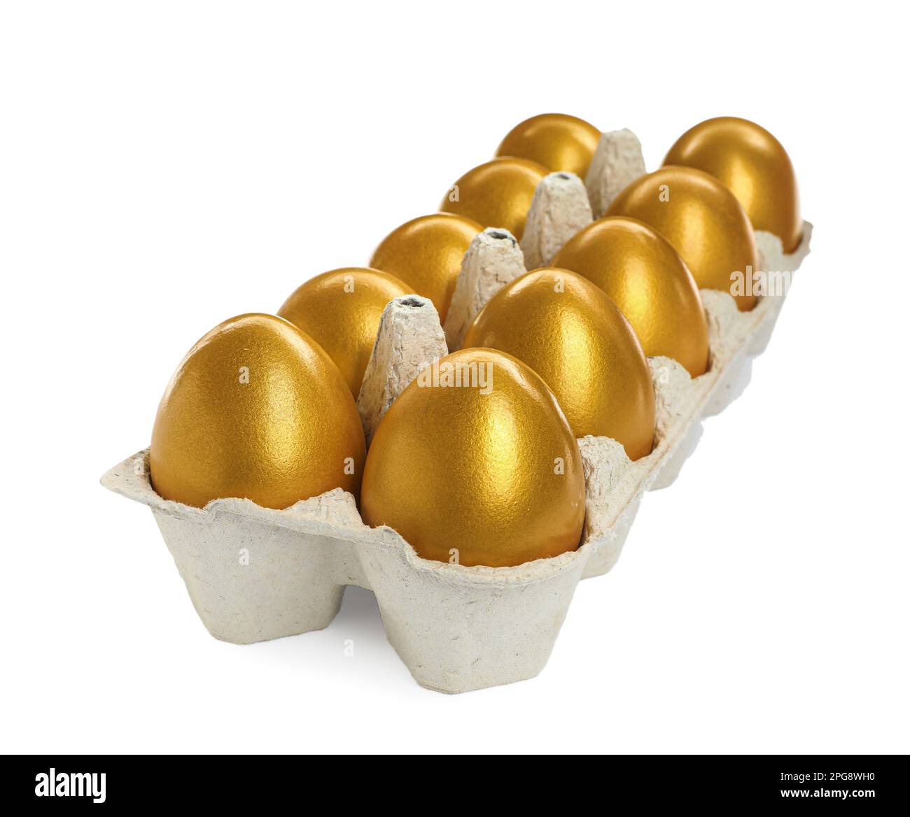 Many shiny golden eggs in carton on white background Stock Photo Alamy