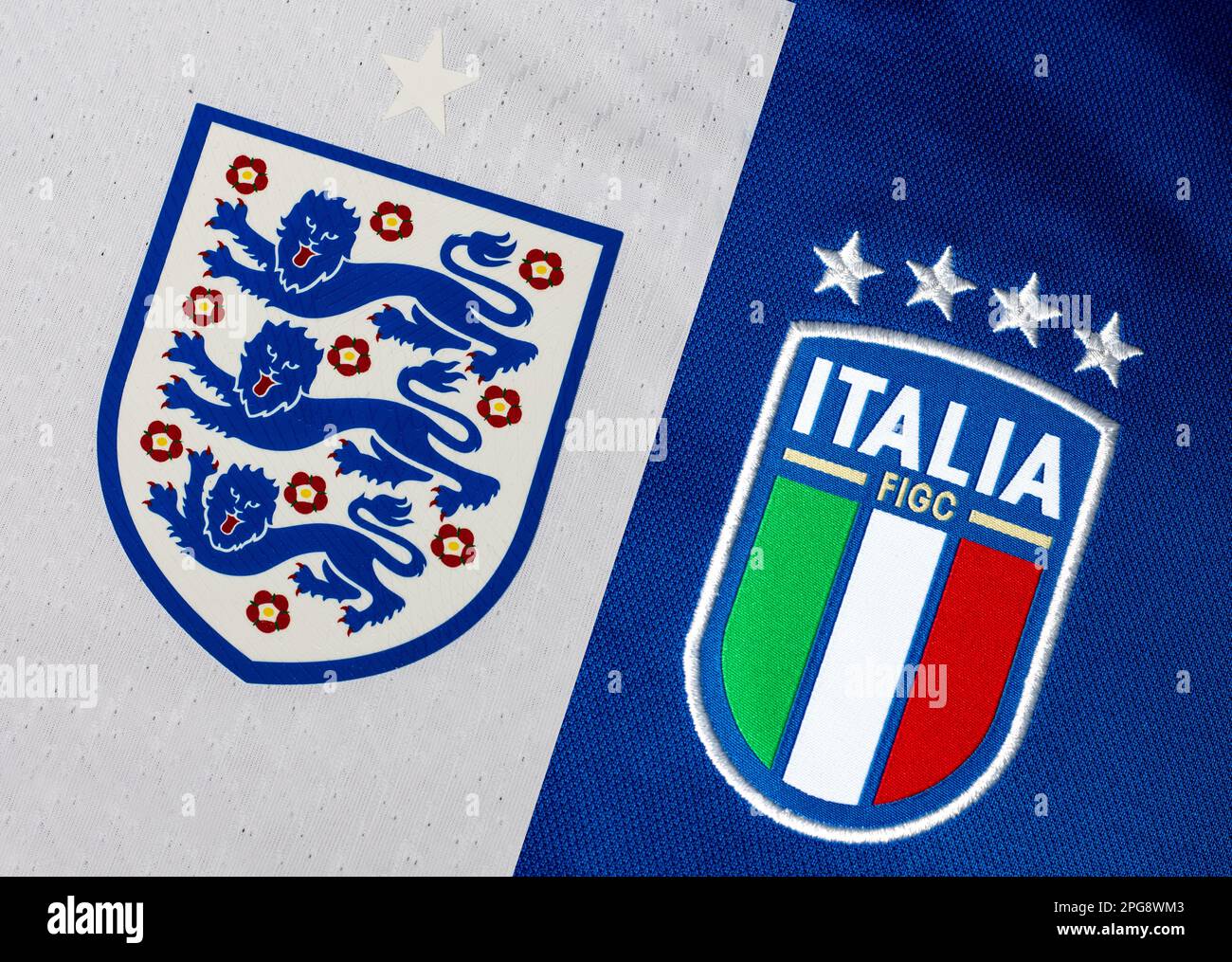 Close up of England & Italy national football team jersey Stock Photo