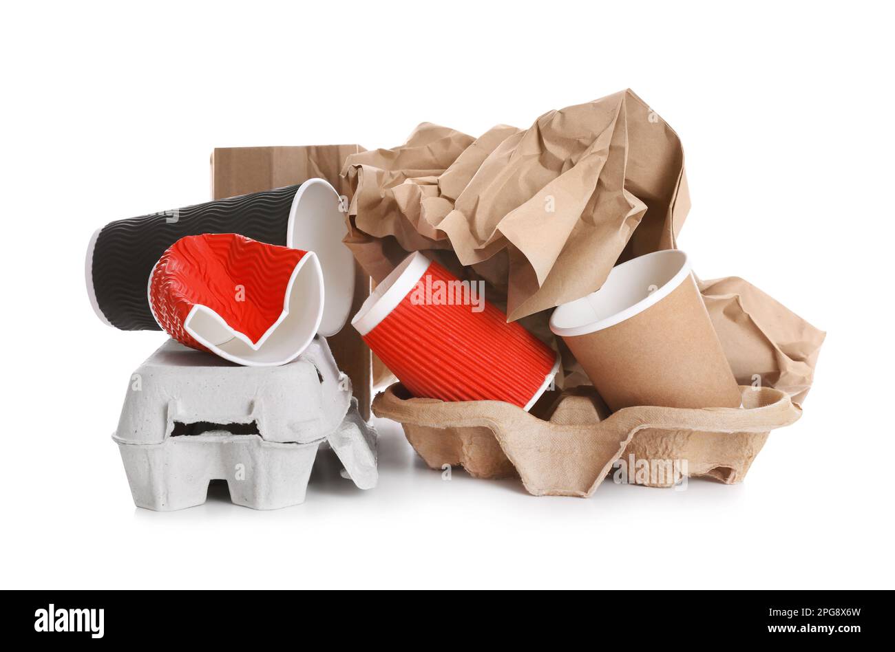 Pile of cardboard garbage on white background. Recycling rubbish Stock