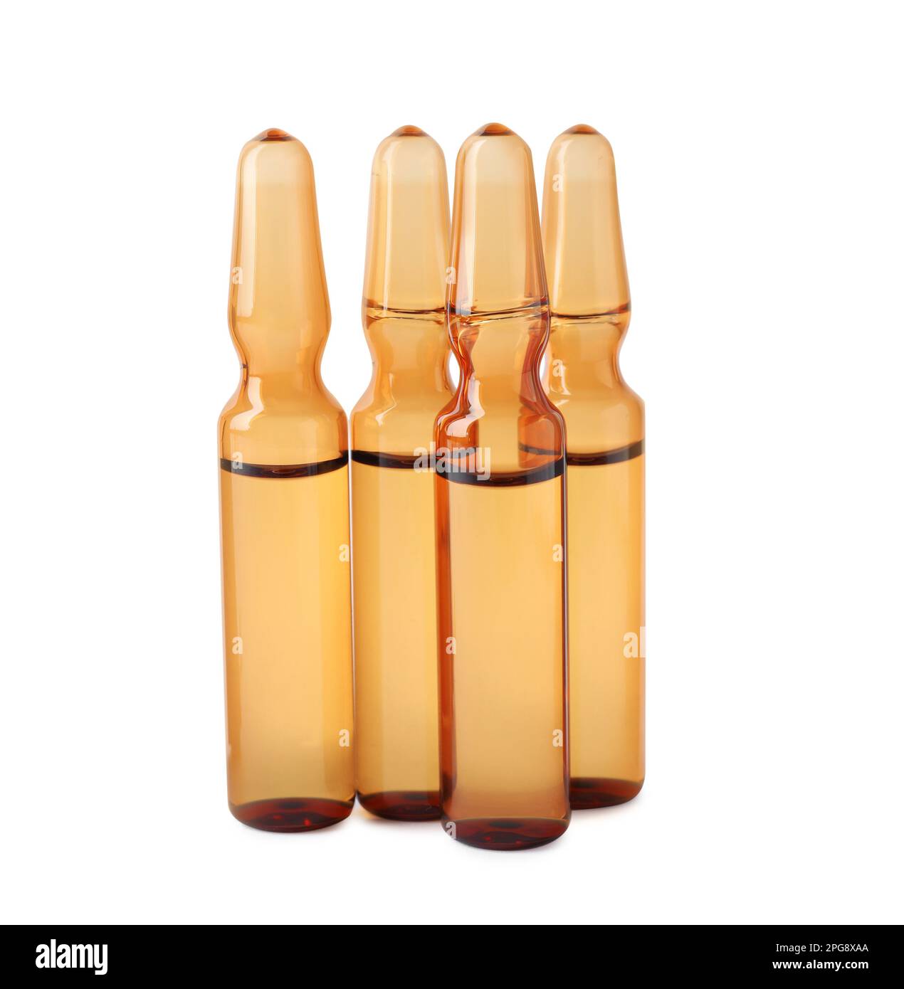 Brown pharmaceutical ampoules with medication on white background Stock