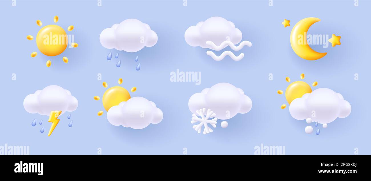 Weather icons set, 3d render soft shapes illustration of different weather conditions at night and day, isolated Stock Vector